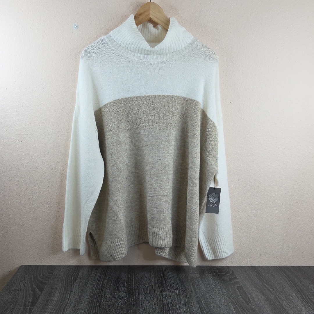 Vince Camuto Womans 2x Tan White Sweater Gold Thread Tiny Sequence.Nwt